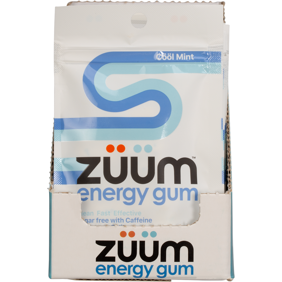 Zuum Energy Gum Cool Mint display box with multiple 10-piece packs on a white background.