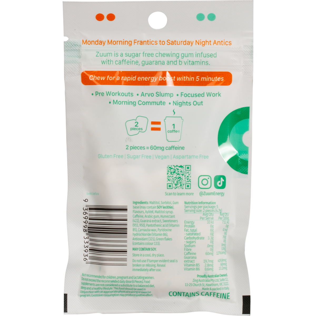 Back of Zuum Spearmint Energy Gum pack showing ingredients and nutritional information on a white background.