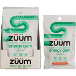 Zuum Spearmint Energy Gum front and back packaging with loose green-flecked gum pieces on a white background.