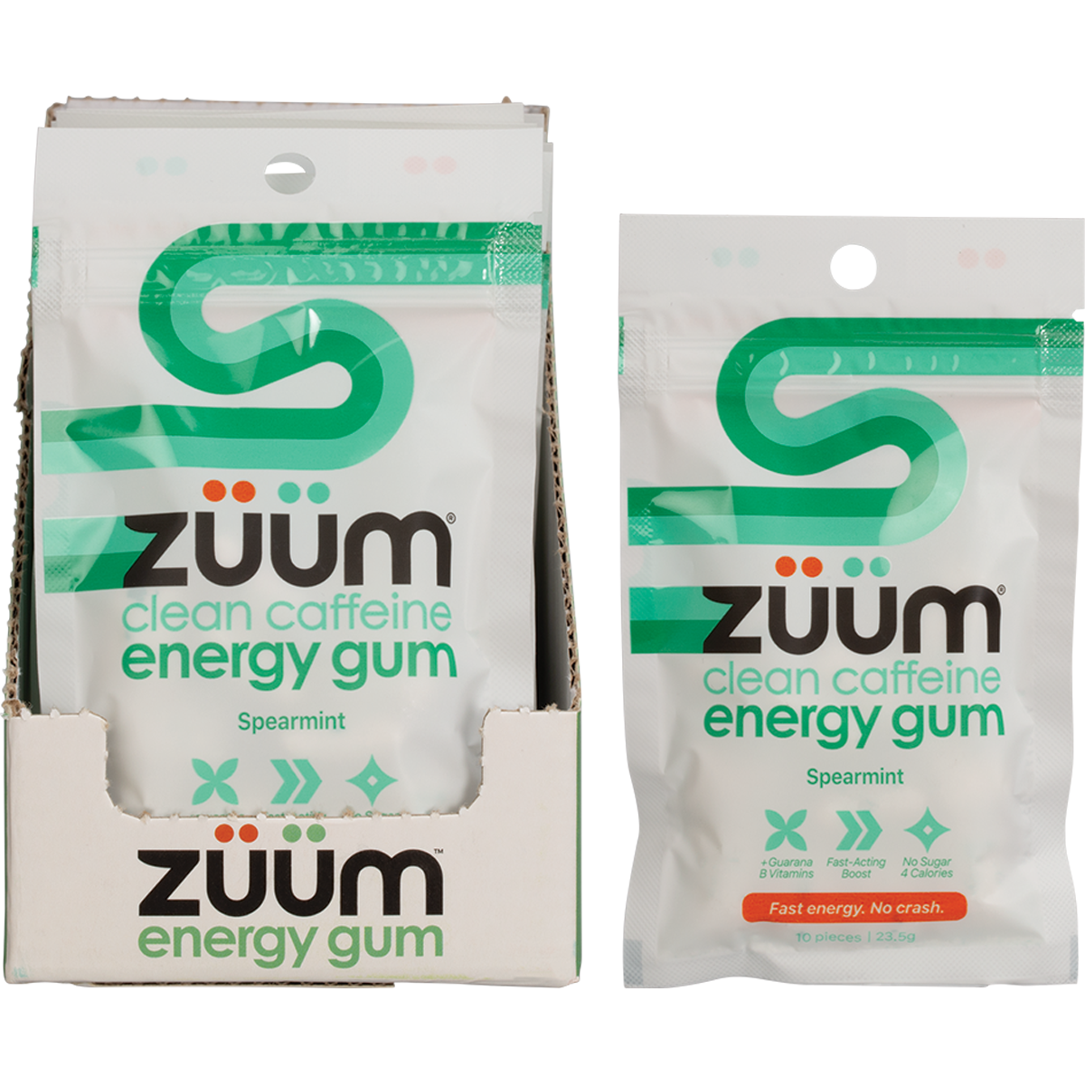 Zuum Spearmint Energy Gum front and back packaging with loose green-flecked gum pieces on a white background.
