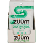 Zuum Spearmint Energy Gum display box containing multiple 10-piece packs on a white background.