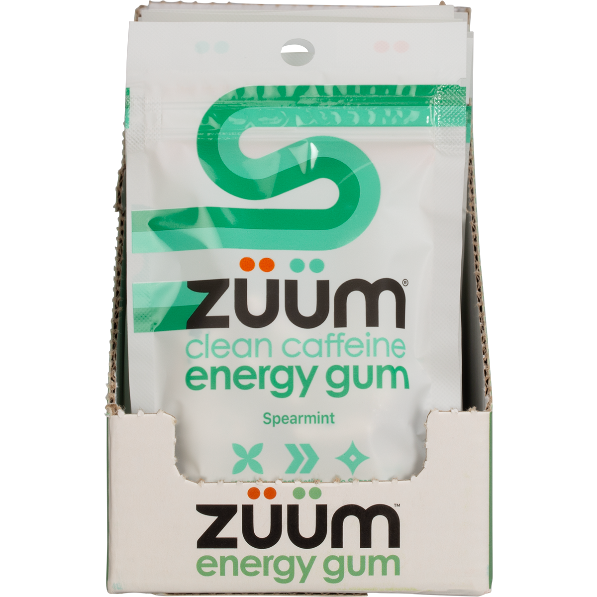 Zuum Spearmint Energy Gum display box containing multiple 10-piece packs on a white background.