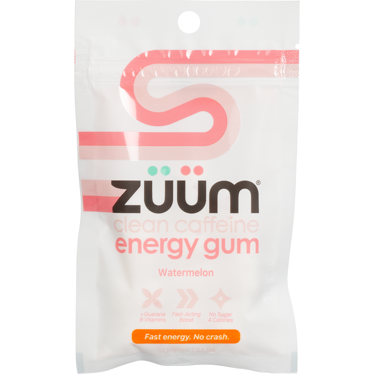 Zuum 10-piece Watermelon Energy Gum pack with pink and green accents on a white background.