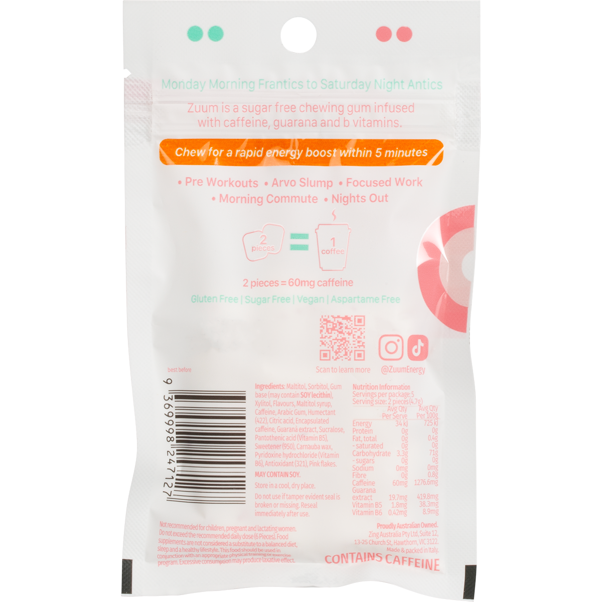 Back of Zuum Watermelon Energy Gum pack showing nutritional info and ingredients on a white background.
