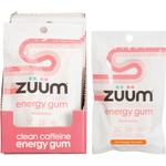 Zuum Watermelon Energy Gum front and back packaging with loose gum pieces on a white background.