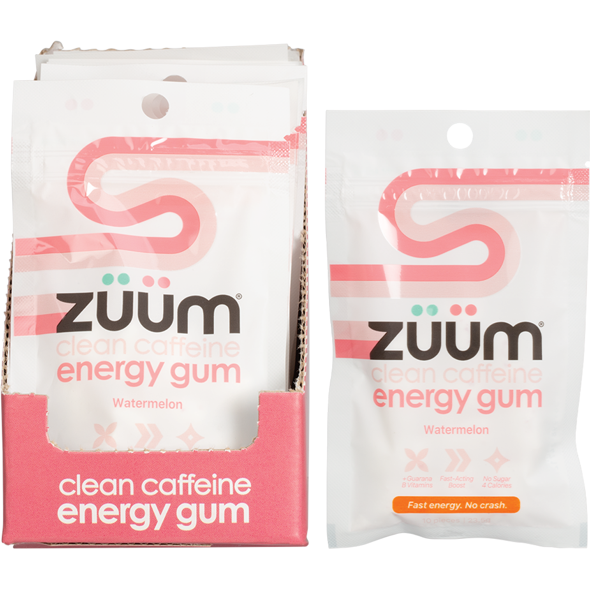 Zuum Watermelon Energy Gum front and back packaging with loose gum pieces on a white background.
