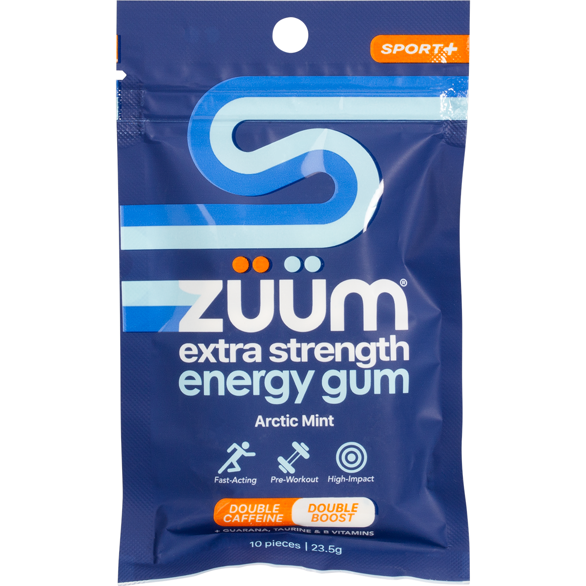 Zuum Extra Strength Sport Energy Gum 10-pack in Arctic Mint flavor on a white background.