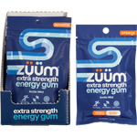 Zuum Extra Strength Arctic Mint Energy Gum front and back packaging with loose gum pieces on a white background.