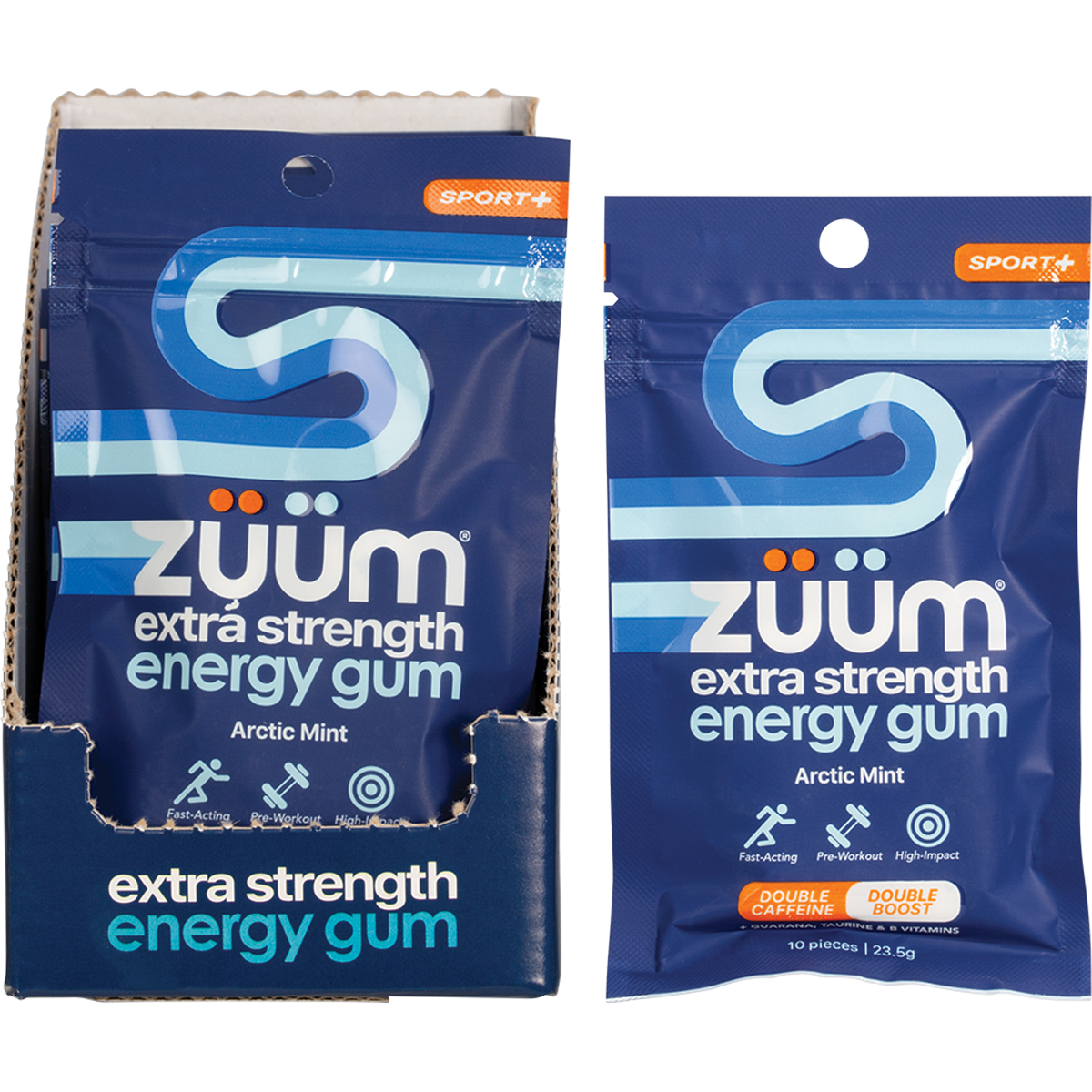 Zuum Extra Strength Arctic Mint Energy Gum front and back packaging with loose gum pieces on a white background.