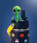Navy 400ml Cheeki Kids arcade bottle with straw lid, carry handle, and colorful 3D gaming designs on white.