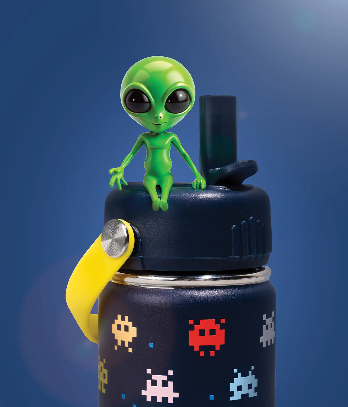Navy 400ml Cheeki Kids arcade bottle with straw lid, carry handle, and colorful 3D gaming designs on white.