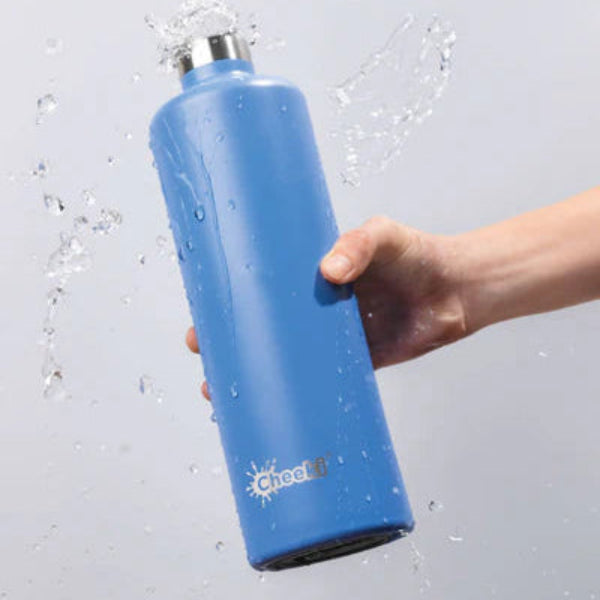 1L azure blue Cheeki insulated bottle with silver lid and black handle on a white background.