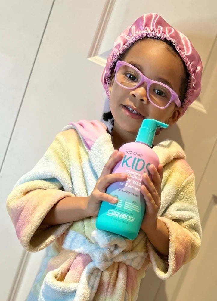 Bottle of Giovanni Eco Chic Kids Body Wash with a pump dispenser and images of watermelon and strawberries.