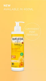 400ml tube of Weleda Baby Calendula Shampoo and Body Wash with an orange flip-top lid on a white background.