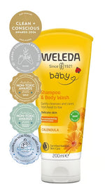 Infographic showing various awards won by Weleda Baby Calendula Shampoo and Body Wash.