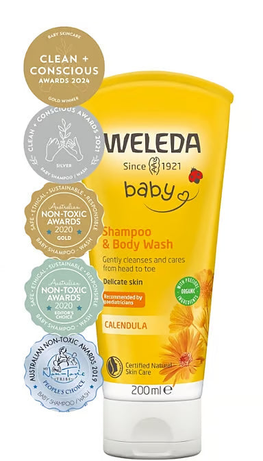 Infographic showing various awards won by Weleda Baby Calendula Shampoo and Body Wash.