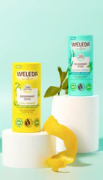 Two Weleda deodorant sticks, Citrus-Bergamot and Eucalyptus-Peppermint, in recyclable cardboard tubes.