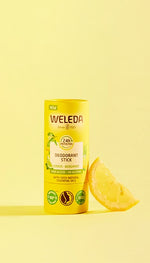Weleda Citrus-Bergamot 24h Deodorant Stick in a white and yellow recyclable cardboard tube on a white background.