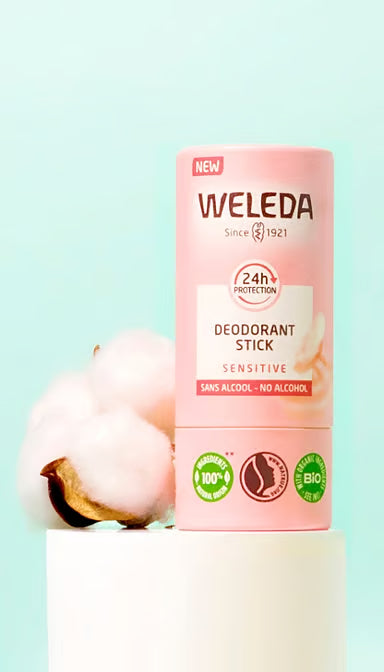 A text-focused graphic listing the key ingredients of Weleda's sensitive deodorant stick on a white background.
