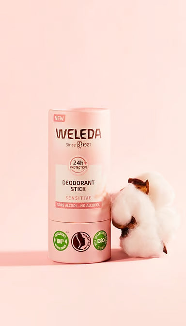 Weleda Sensitive Deodorant Stick 50g in a white and blue cardboard tube with the cap off on a white background.