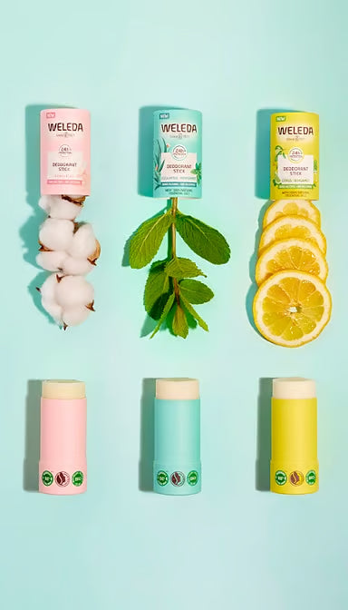 Flat lay of two Weleda deodorant sticks with fresh eucalyptus leaves and peppermint sprigs on a white background.