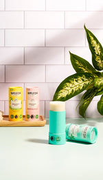 Aesthetic lifestyle shot of various Weleda natural deodorant sticks in eco-friendly cardboard tubes.