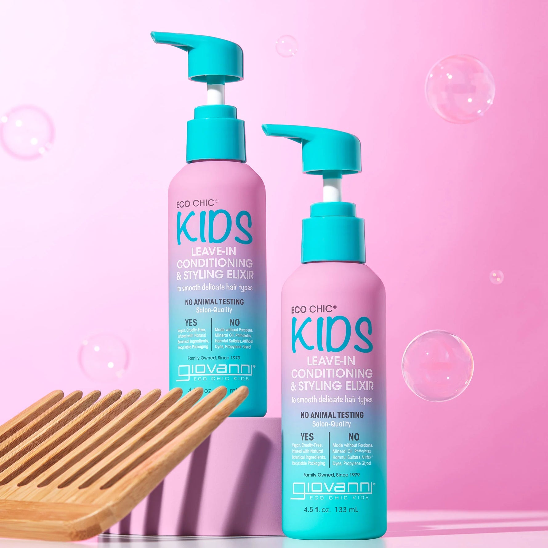 Giovanni Eco Chic Kids Leave-In Conditioning Elixir 133ml bottle featuring watermelon and strawberry illustrations.