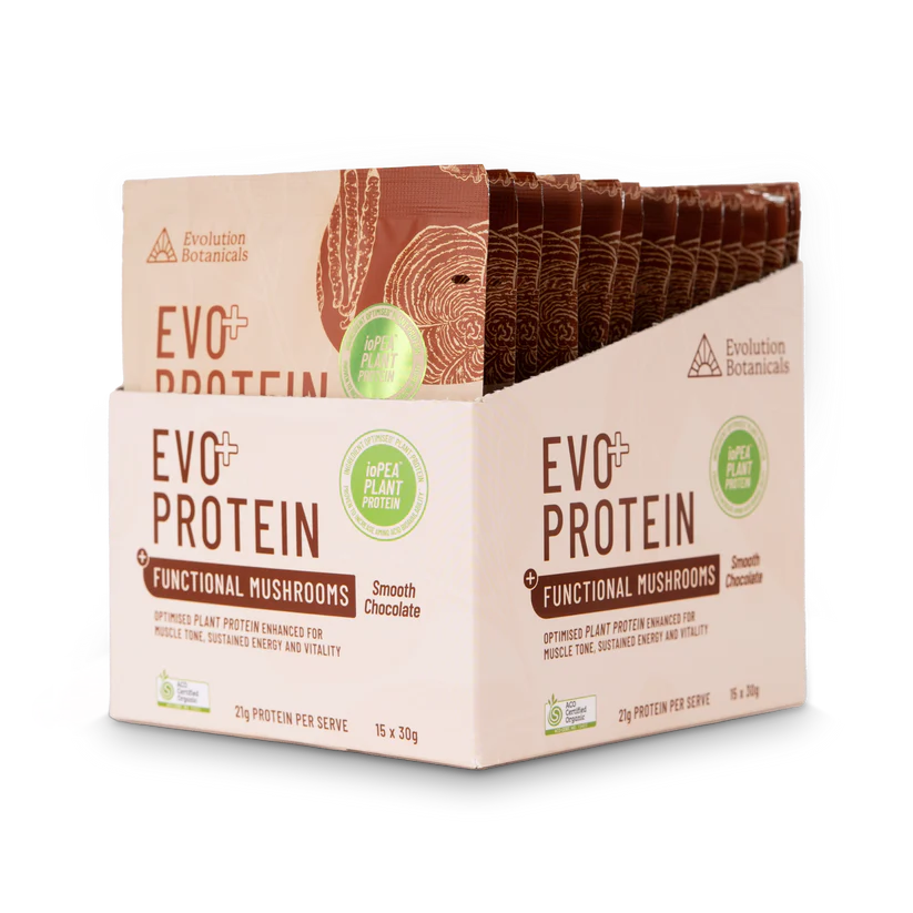 Single Evolution Botanicals Smooth Chocolate EVO+ Protein 30g sachet with mushroom and protein benefits.