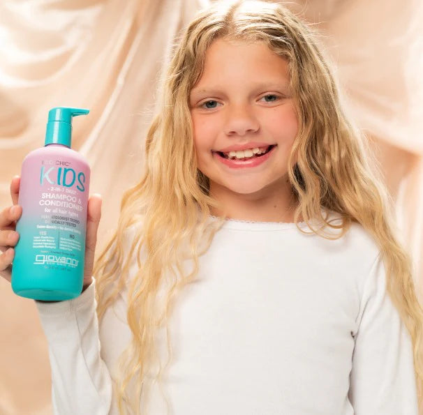 Giovanni Eco Chic Kids 2-in-1 Shampoo and Conditioner bottle with watermelon and strawberry illustrations.