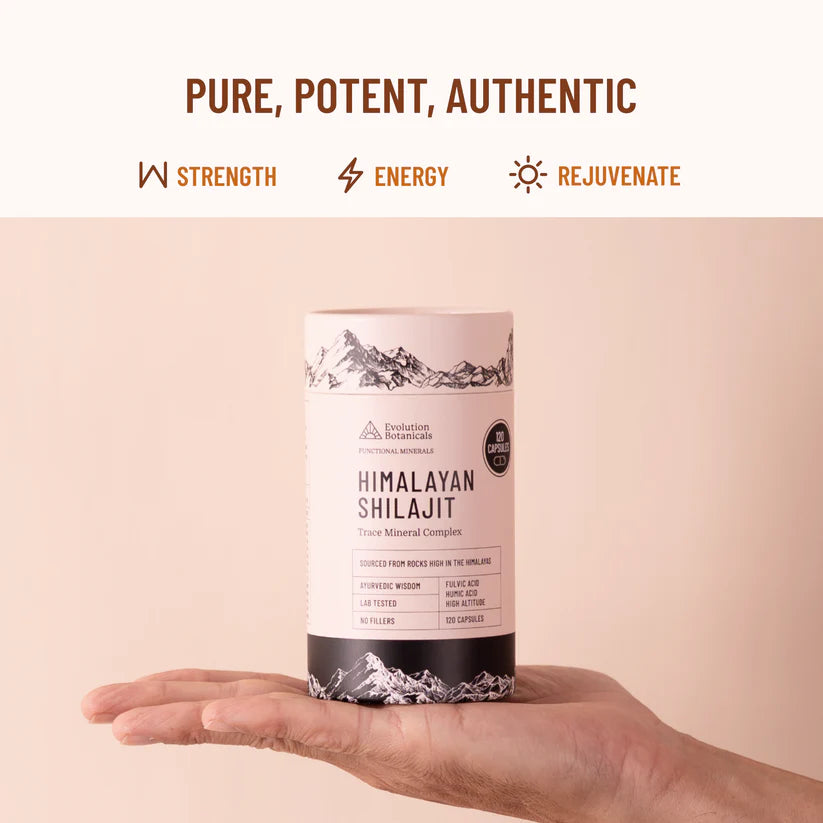 Front close-up of the Evolution Botanicals Himalayan Shilajit Trace Mineral Complex 120-capsule tube.