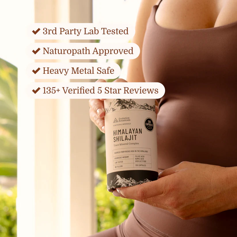 Infographic explaining that Evolution Botanicals Shilajit is a plant-based mineral complex from the Himalayas.