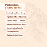 Infographic listing benefits of Himalayan Shilajit capsules, including energy, brain health, and nutrient absorption.