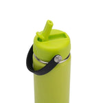 Close-up of a lime green Cheeki water bottle base featuring a "BPA Free" and "Australia Designed" embossed logo.