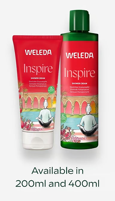 200ml and 400ml bottles of Weleda Inspire Pomegranate Shower Cream on a white background.