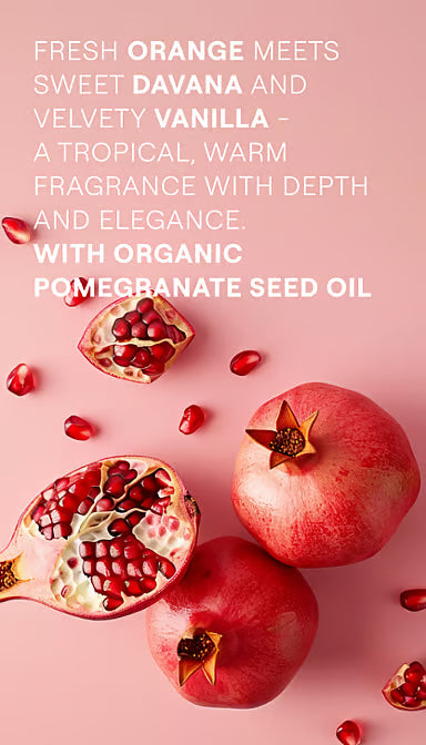 Pomegranate seeds, oil, and flowers illustrating the natural ingredients of Weleda Inspire Pomegranate Shower Cream.