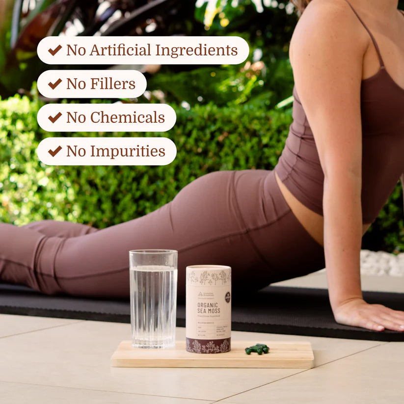 Infographic titled What Is Not Sea Moss? highlighting that the capsules are free from fillers, additives, and GMOs.