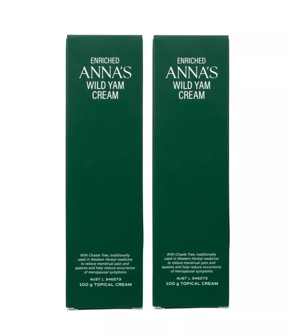Two 100g jars of Anna's Wild Yam Cream for menstrual and menopausal symptom relief on a white background.