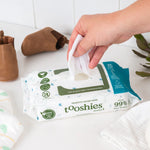Tooshies Probiotic Water Wipes 70 Pack featuring a white and blue flip-top lid on a matching soft pack.