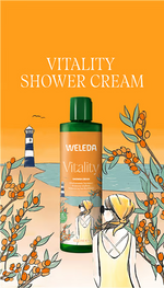 Weleda Vitality Sea Buckthorn Shower Cream 400ml bottle with orange sea buckthorn berries.