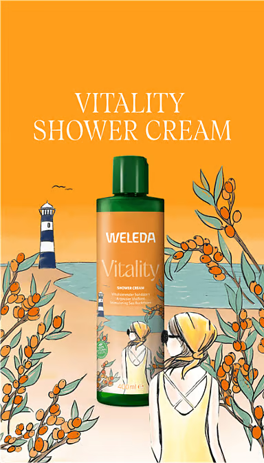 Weleda Vitality Sea Buckthorn Shower Cream 400ml bottle with orange sea buckthorn berries.