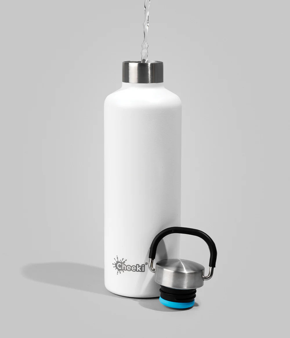 White 600ml Cheeki insulated water bottle with a silver screw-top lid and carry handle on a white background.