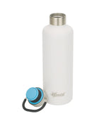 White 600ml Cheeki insulated water bottle with a silver screw-top lid and carry handle on a white background.