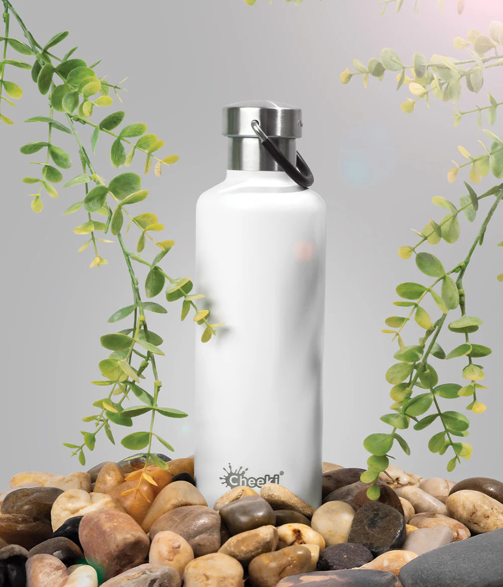 White 600ml Cheeki insulated water bottle with a silver screw-top lid and carry handle on a white background.