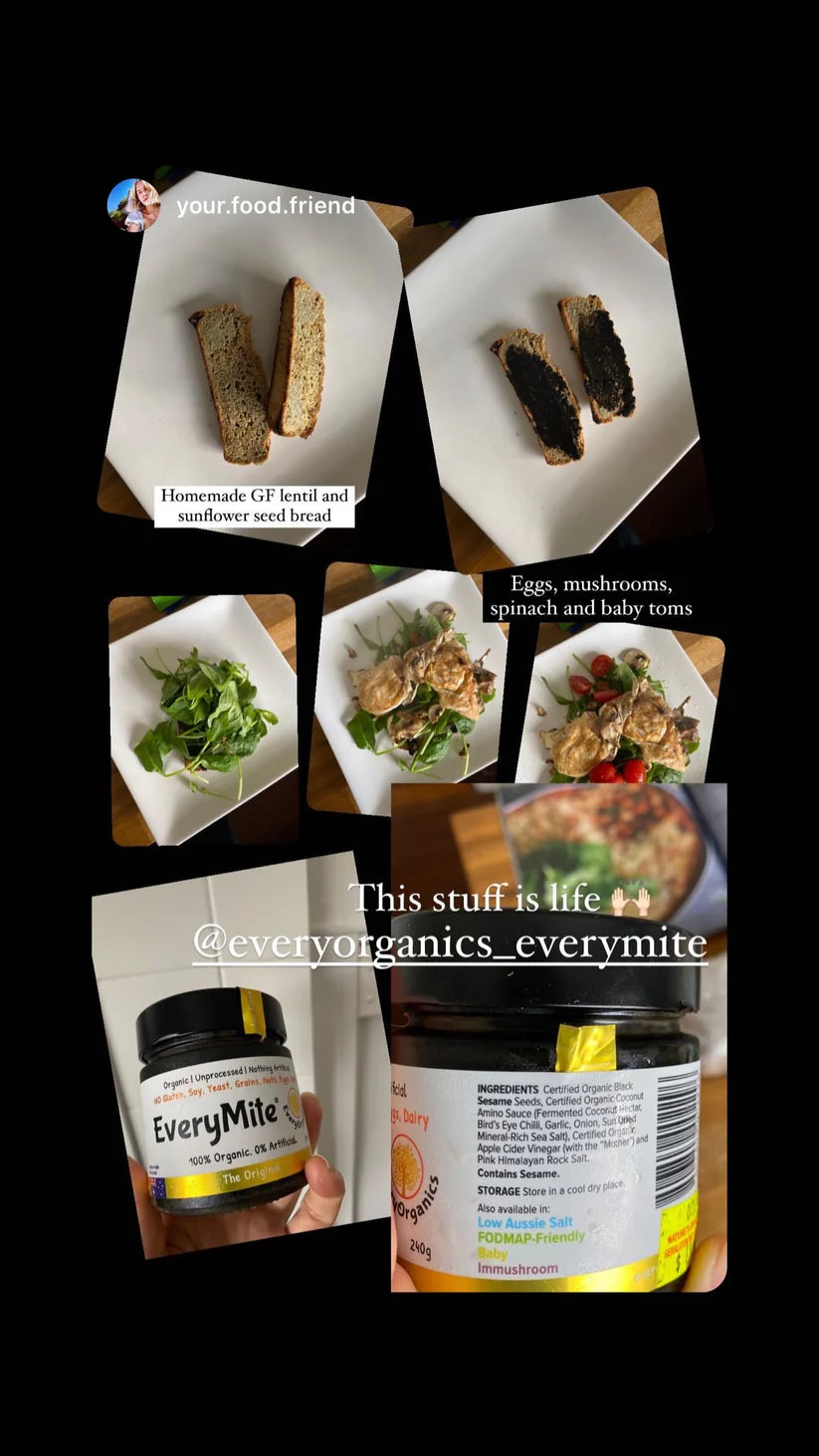 Infographic titled Your Food Friend showing a jar of EveryMite Original and its uses with various healthy foods.